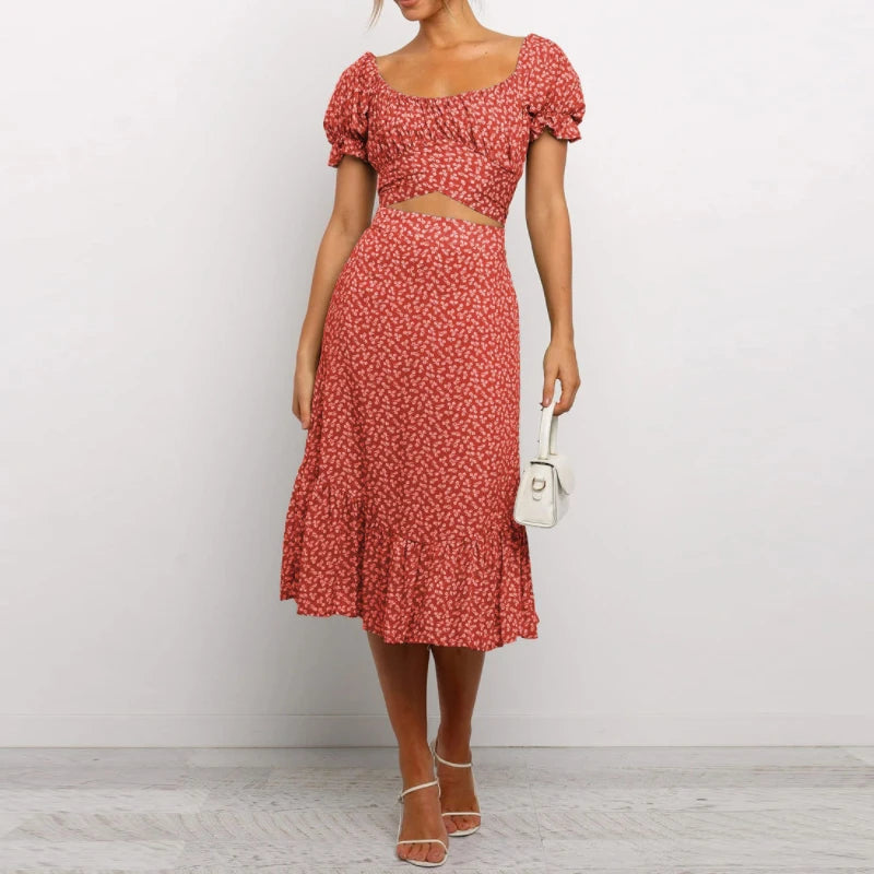 Women Two Piece Outfits Floral Crop Top Skirt Two Piece Set Women Summer Sexy 2 Piece Set Women Crop Tops Sets Skirt and Top Set