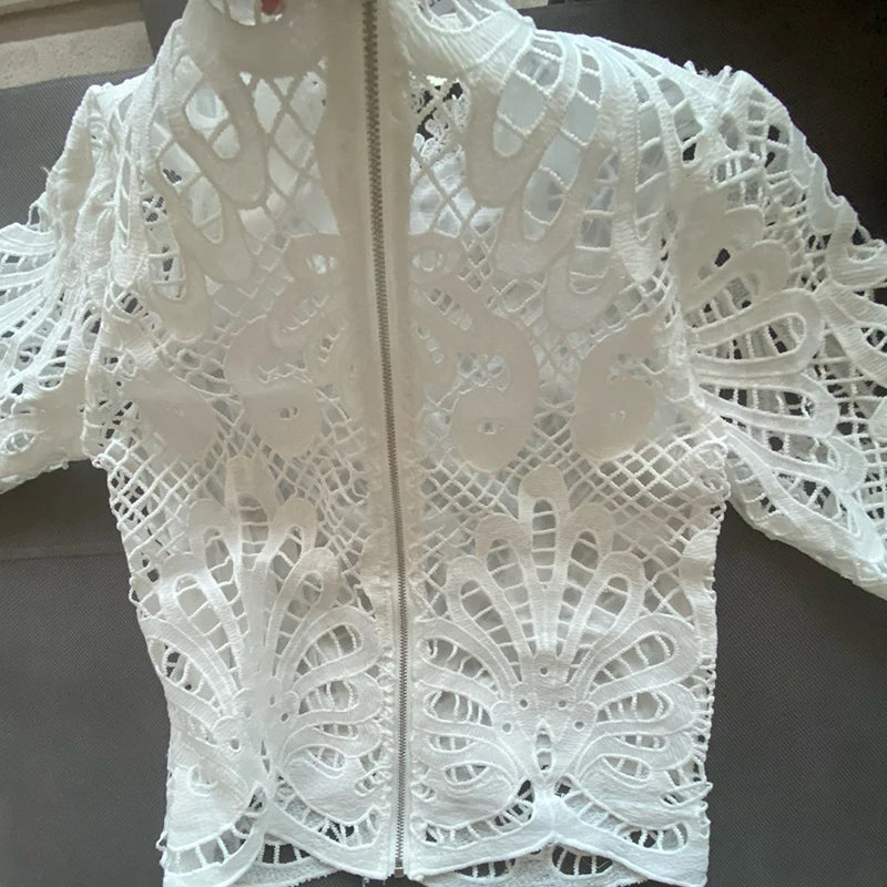 Elegant Women'S Long Sleeve Lace Blouses Tops White Crochet Hollow Out Turtleneck Stylish Cropped Shirts Female Pullovers 16296