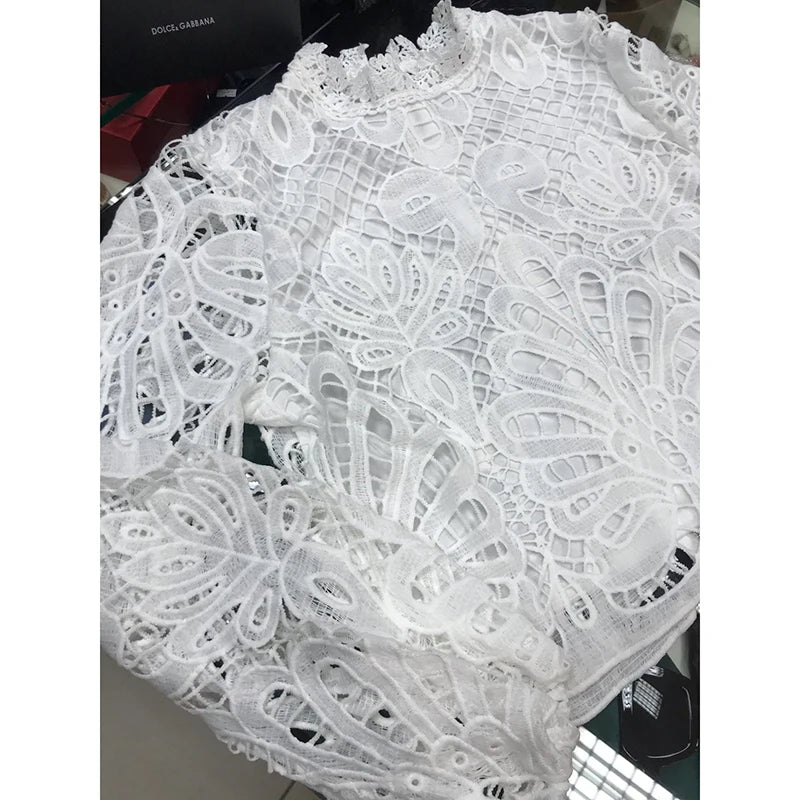 Elegant Women'S Long Sleeve Lace Blouses Tops White Crochet Hollow Out Turtleneck Stylish Cropped Shirts Female Pullovers 16296