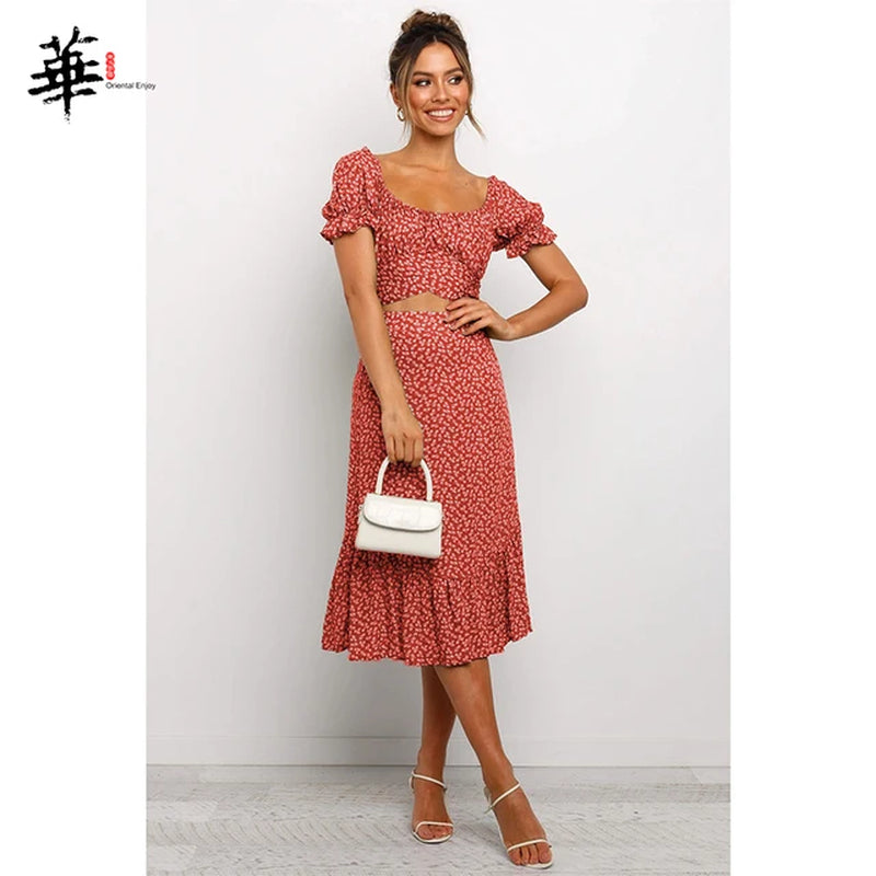 Women Two Piece Outfits Floral Crop Top Skirt Two Piece Set Women Summer Sexy 2 Piece Set Women Crop Tops Sets Skirt and Top Set