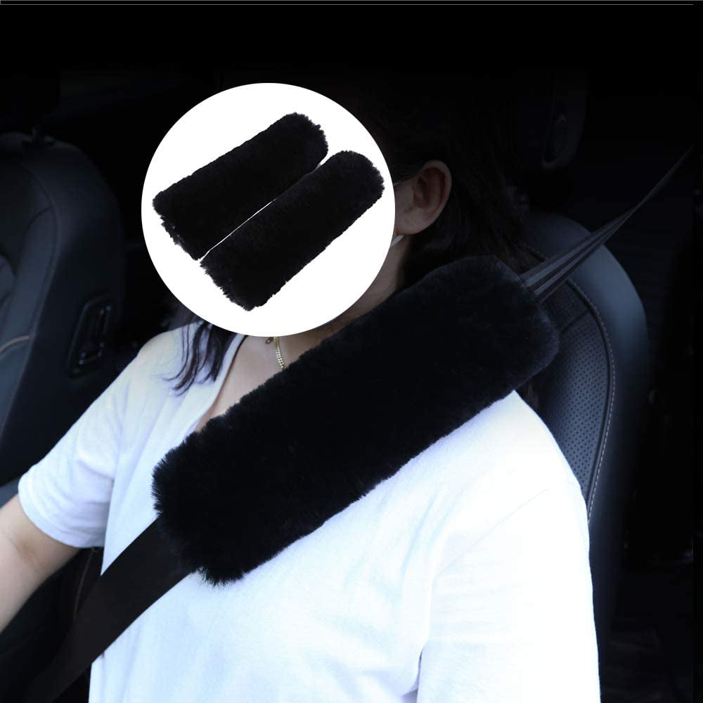 2Pack Genuine Sheepskin Seat Belt Strap Covers for Car, Truck, Backpack, Black Fuzzy Seat Belt Pads for Shoulder Soft Comfy